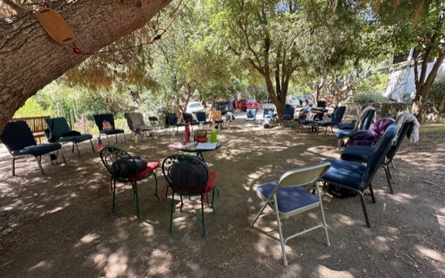Chairs in a circle underneath a tree before a mindfulness meditation class in Los Angeles.